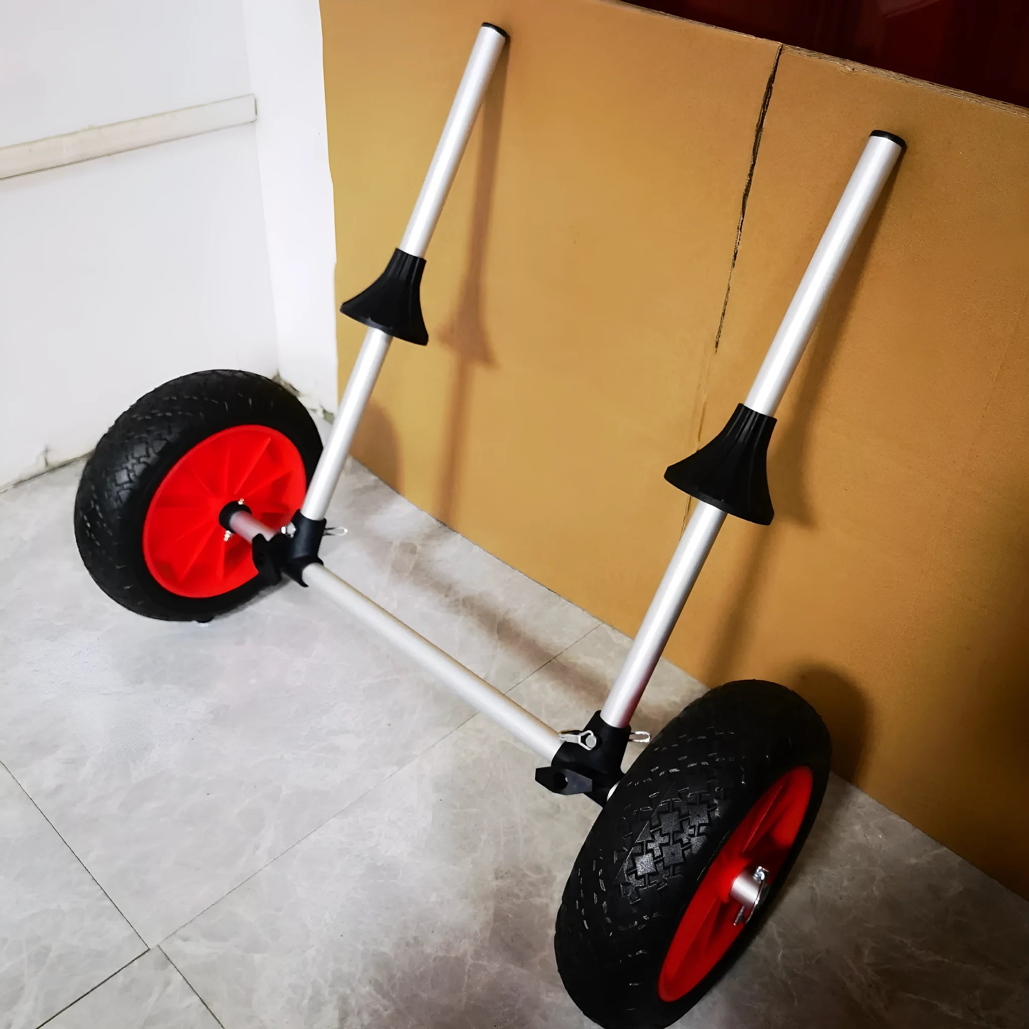 Foldable aluminium kayak beach trailer with upright plug-in pole platform for transporting boats