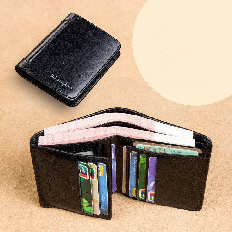 Men's leather wallet showing internal compartments for banknotes, cards, coins, and documents