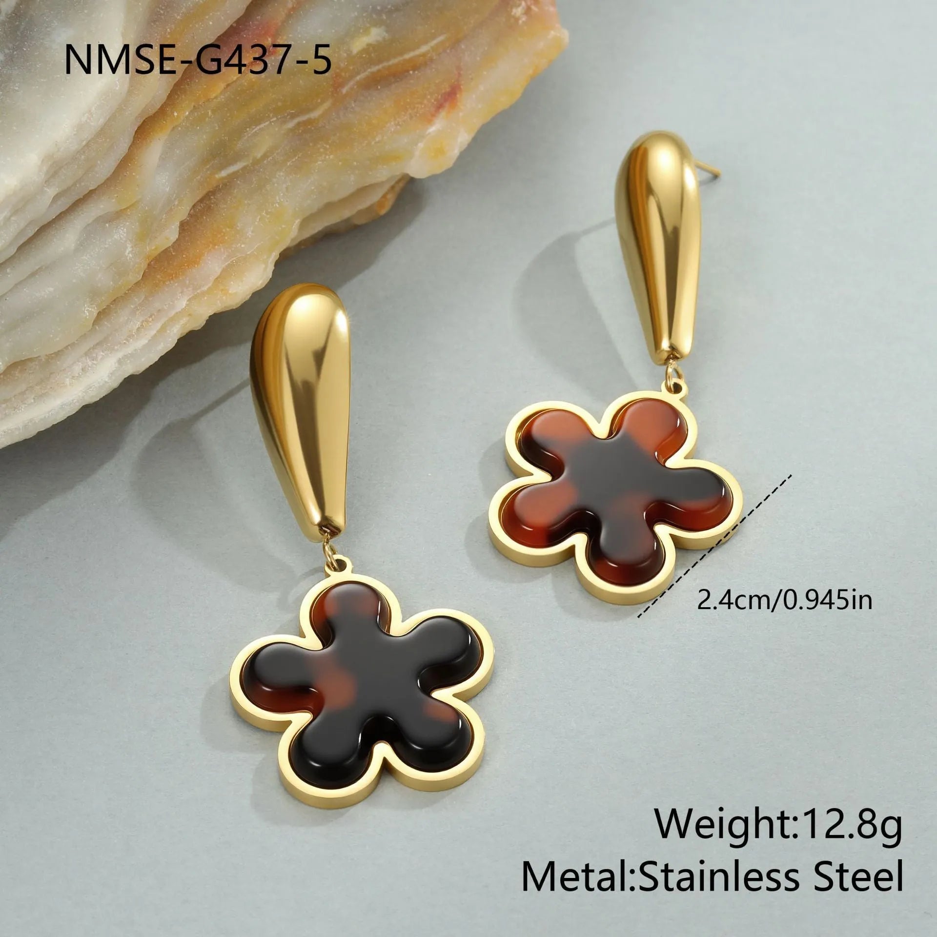 Tortoiseshell resin hawksbill colour earrings with 18K gold electroplating on stainless steel
