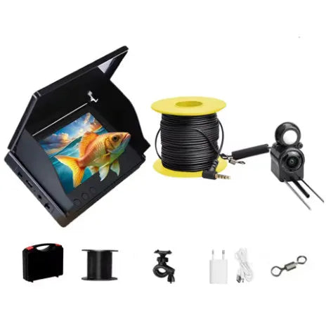 Underwater fish finder HD camera with 4.3-inch IPS screen showing underwater footage with night vision lights active.