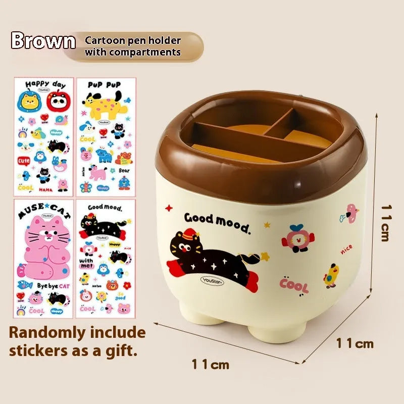 Cartoon-style red and brown plastic desktop storage organiser with 2L capacity and organisation stickers.