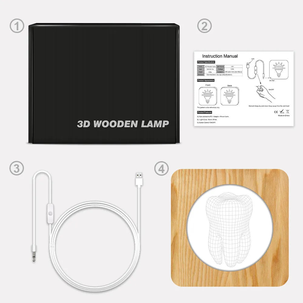 Wood colour plastic tooth shaped USB night lamp on a surface