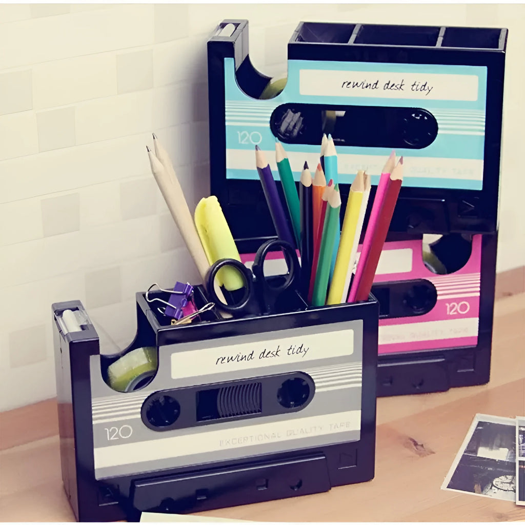 Multifunctional plastic pen holder storage box for desk, 17x5x11.5cm, in blue colour, with pens and phone inside