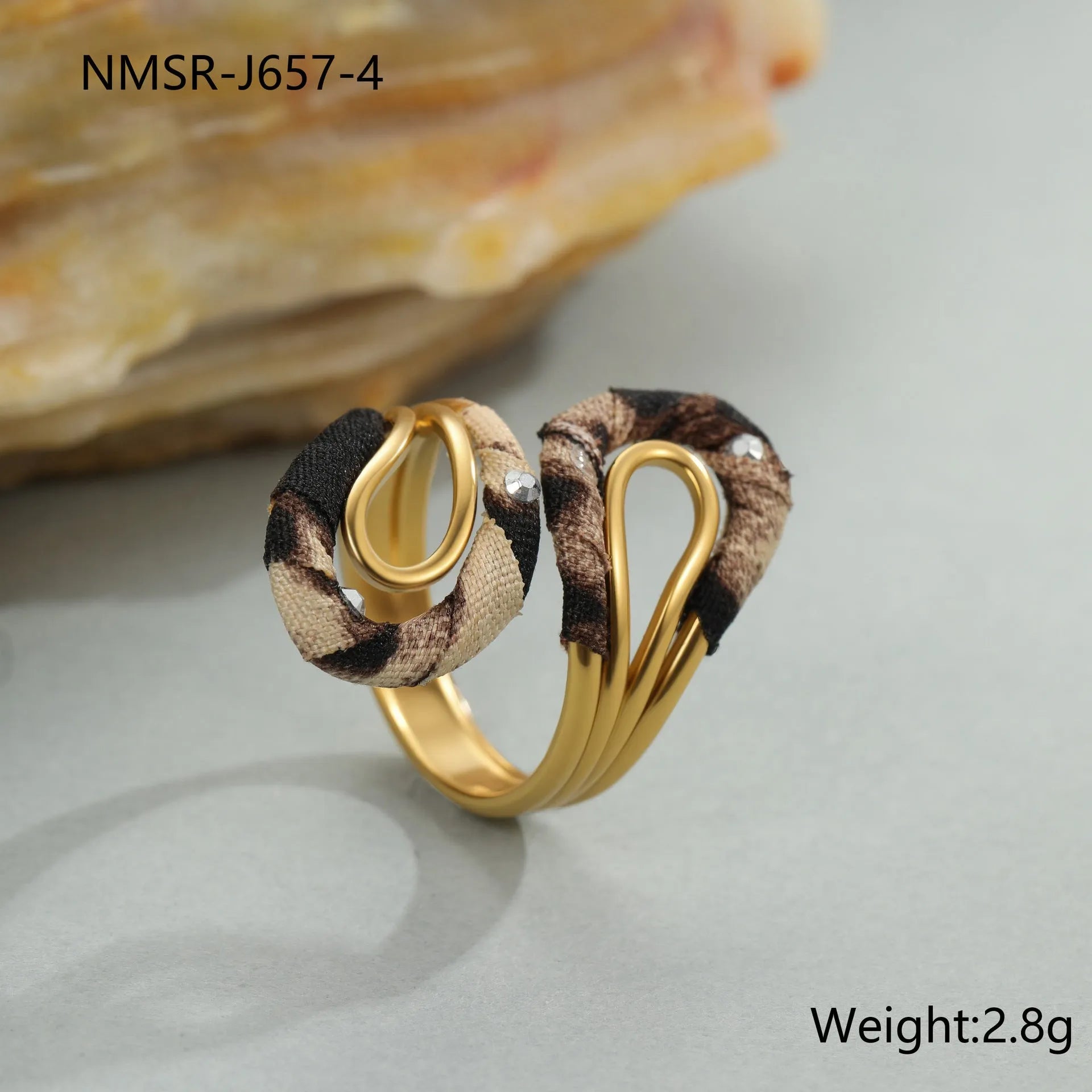 Leopard print stainless steel open ring with asymmetric geometric heart and star shapes