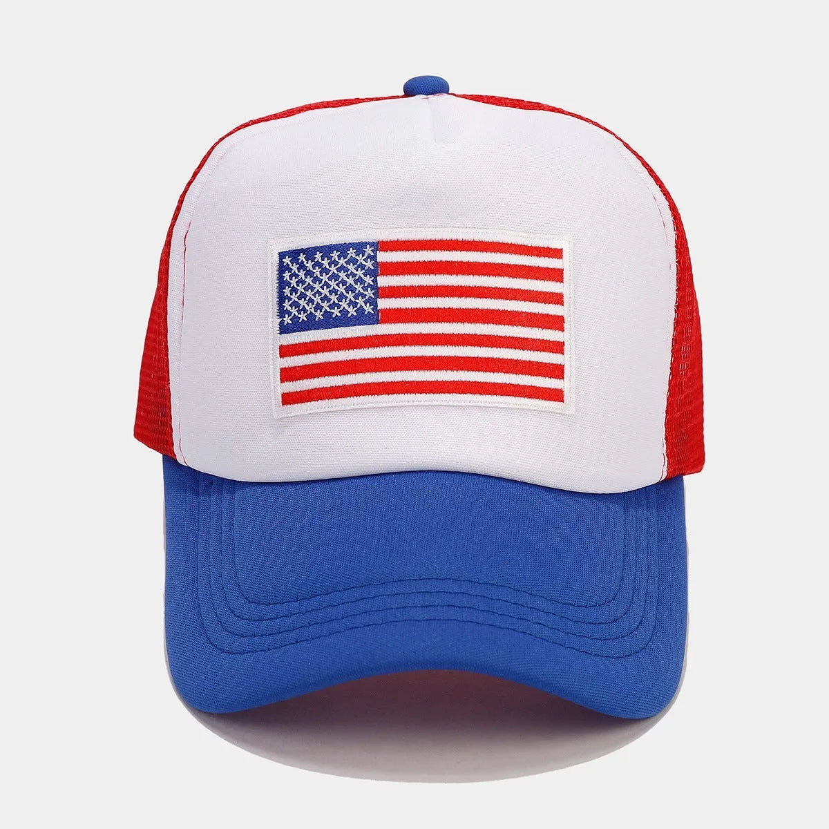 Red and blue contrast mesh baseball cap with adjustable strap and dome crown.