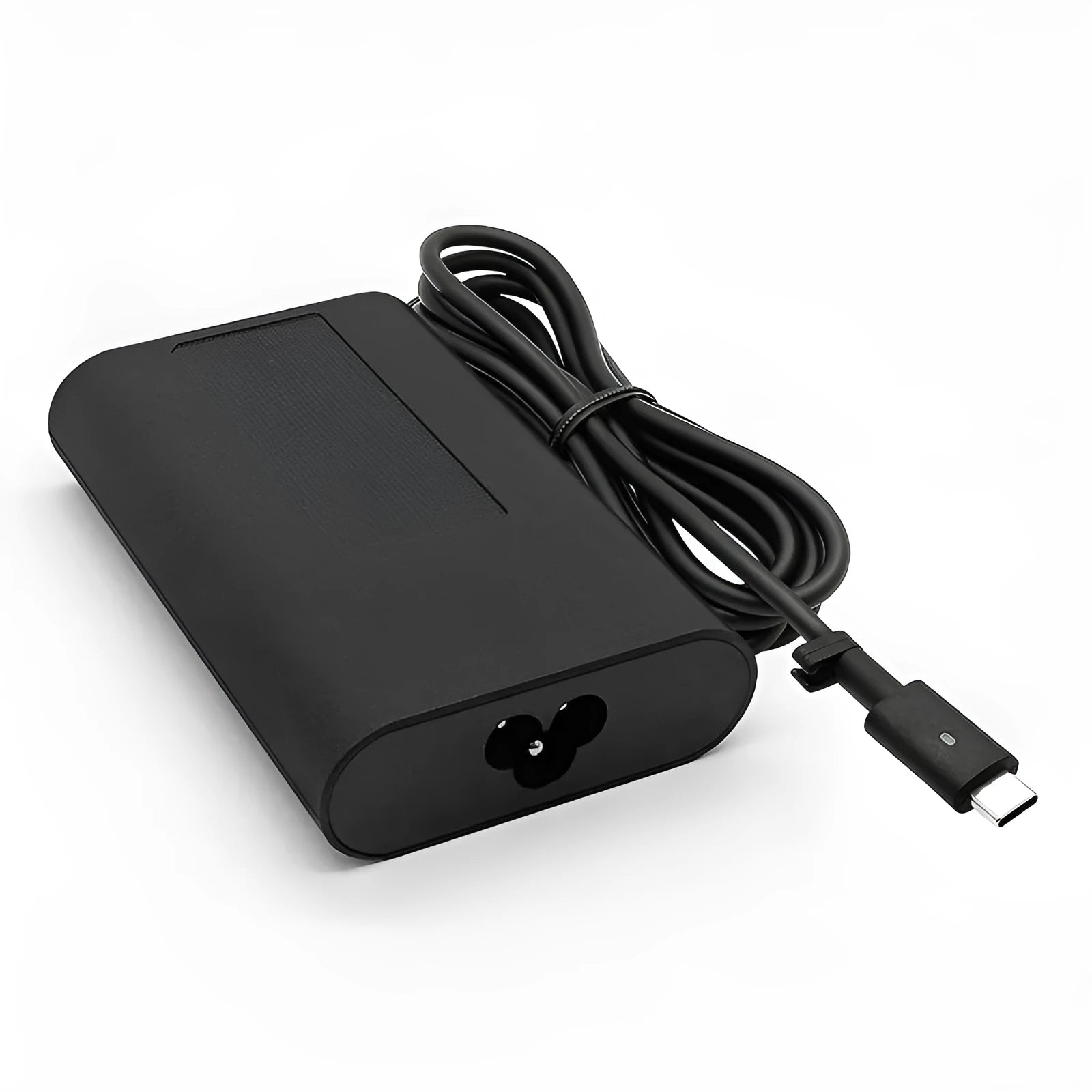 Black 65W USB-C laptop power adapter with set of international plug cords.