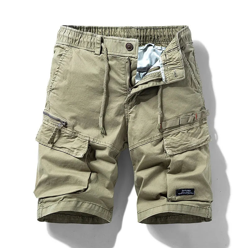 Men's cotton shorts with multiple pockets and zipper in army green colour