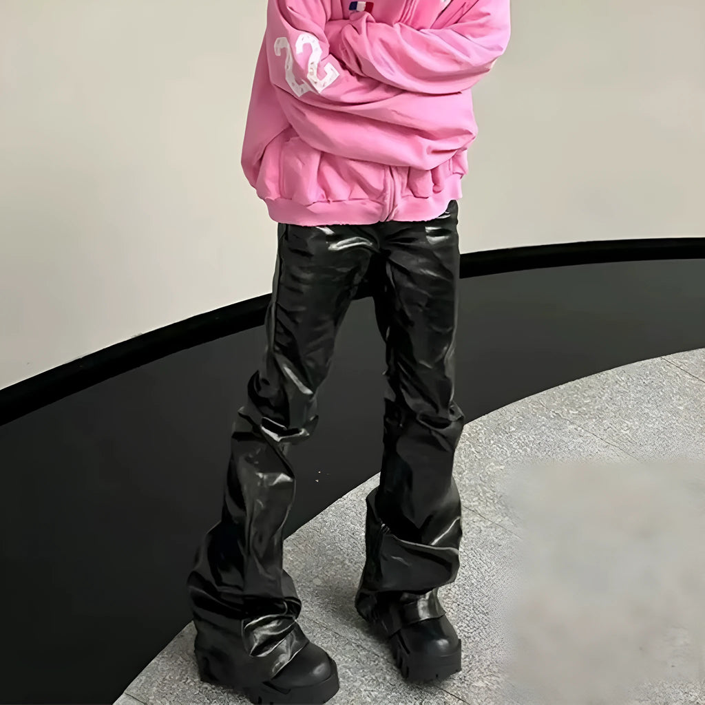 Black straight-leg jeans with patent leather coating on cotton denim fabric