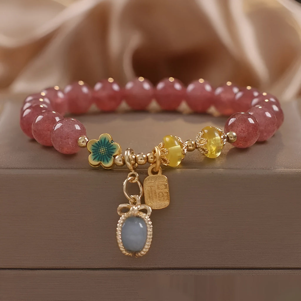 Red strawberry quartz beaded bracelet with alloy components and rhinestone accents for women