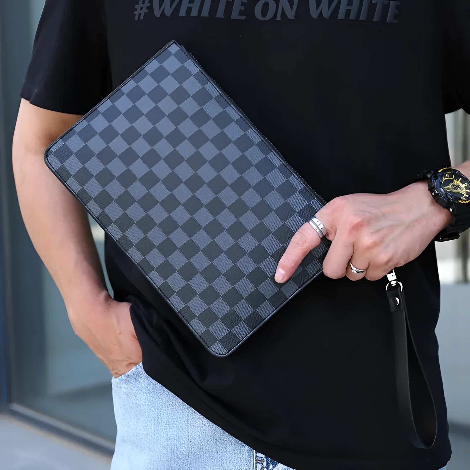 Men's soft PU leather clutch showing card slots, bill compartments, and zipper pocket