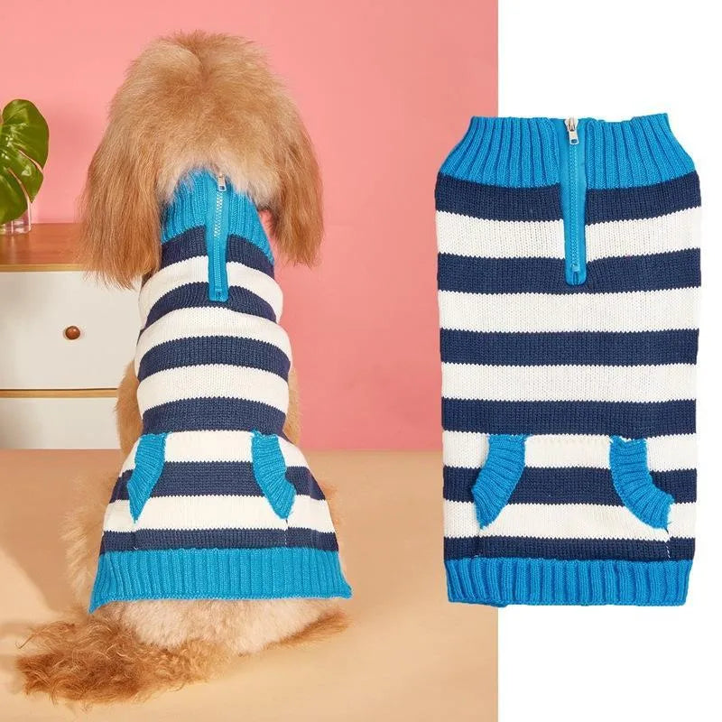 Grey dog sweater with horizontal zipper and button pocket for small to medium pets