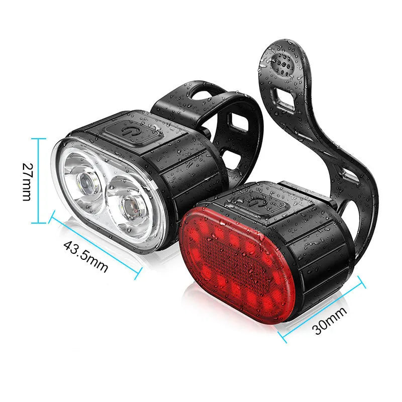 Black helmet road bike headlight and tail light set with silicone straps, IPX4 waterproof, Type-C charging port