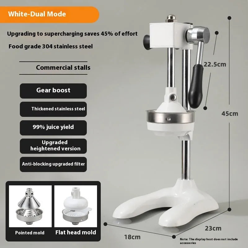 Vertical stainless steel manual juicer with zinc alloy frame in multiple colour options