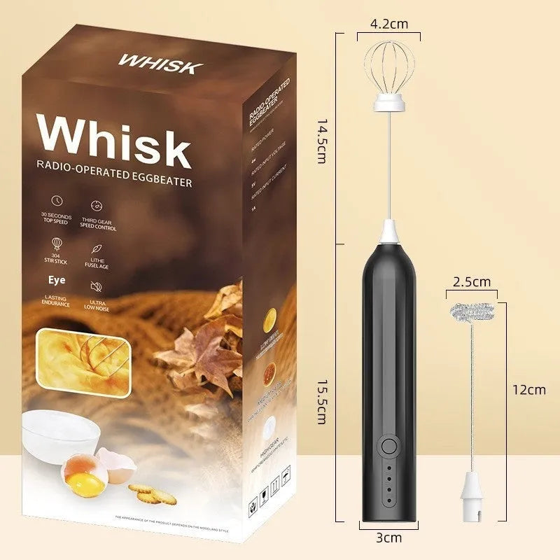 Mini handheld electric milk frother in black, white, or khaki colours with USB charging port