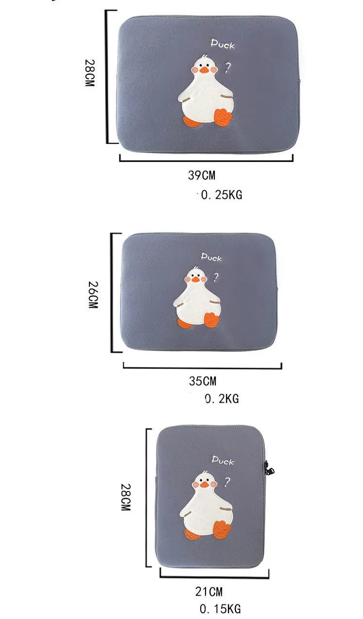 Blue tablet case with embroidered cartoon duck design and zipper closure