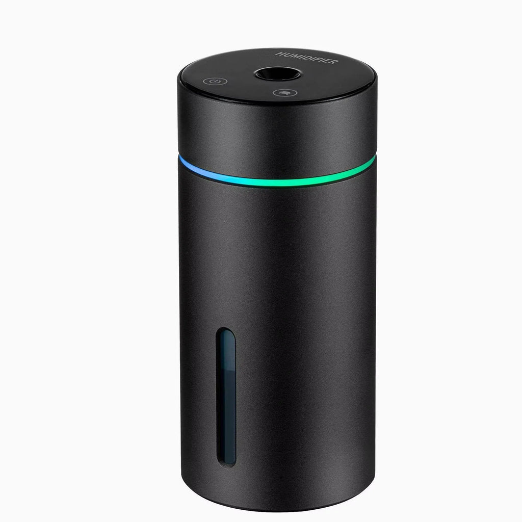 Aluminium car and desktop humidifier diffuser with 260ml tank and colourful LED light on black background.