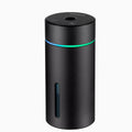 Aluminium car and desktop humidifier diffuser with 260ml tank and colourful LED light on black background.