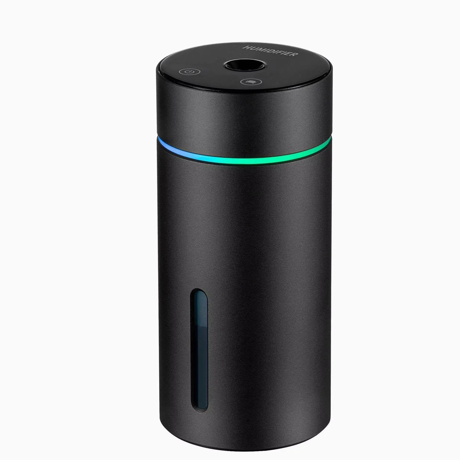 Aluminium car and desktop humidifier diffuser with 260ml tank and colourful LED light on black background.