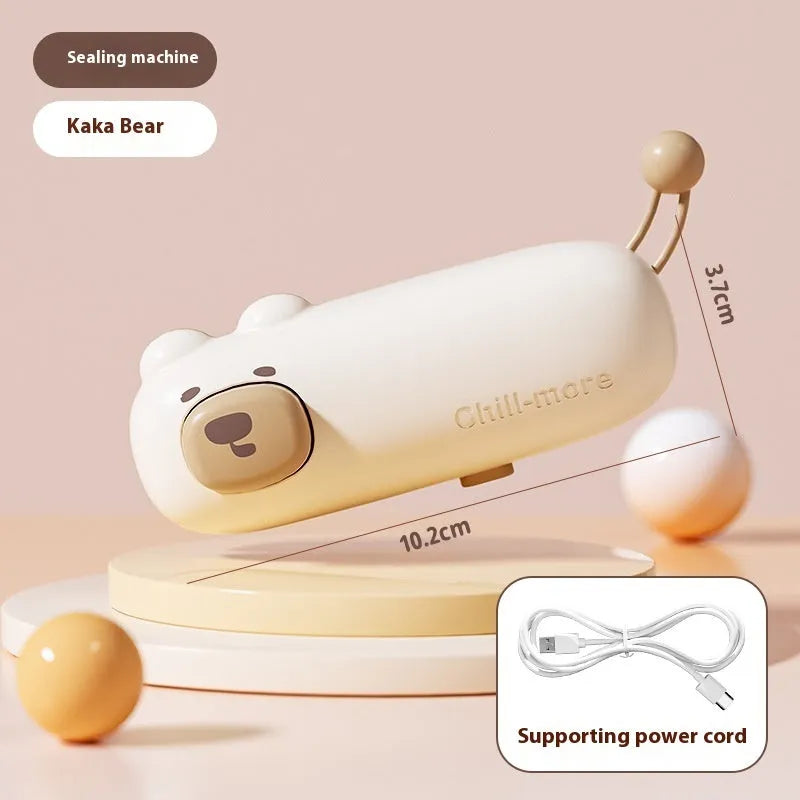 Portable rechargeable mini bag sealer in coffee bear design with USB Type-C charging, for sealing plastic snack bags