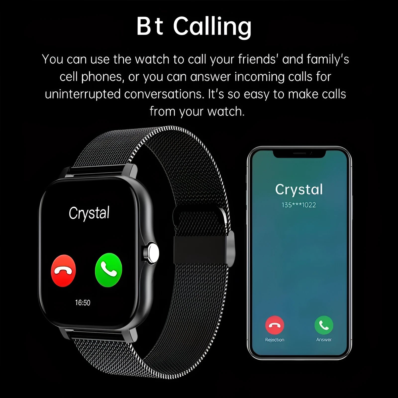 Smart watch with 144-inch touch screen showing heart rate display and Bluetooth calling interface