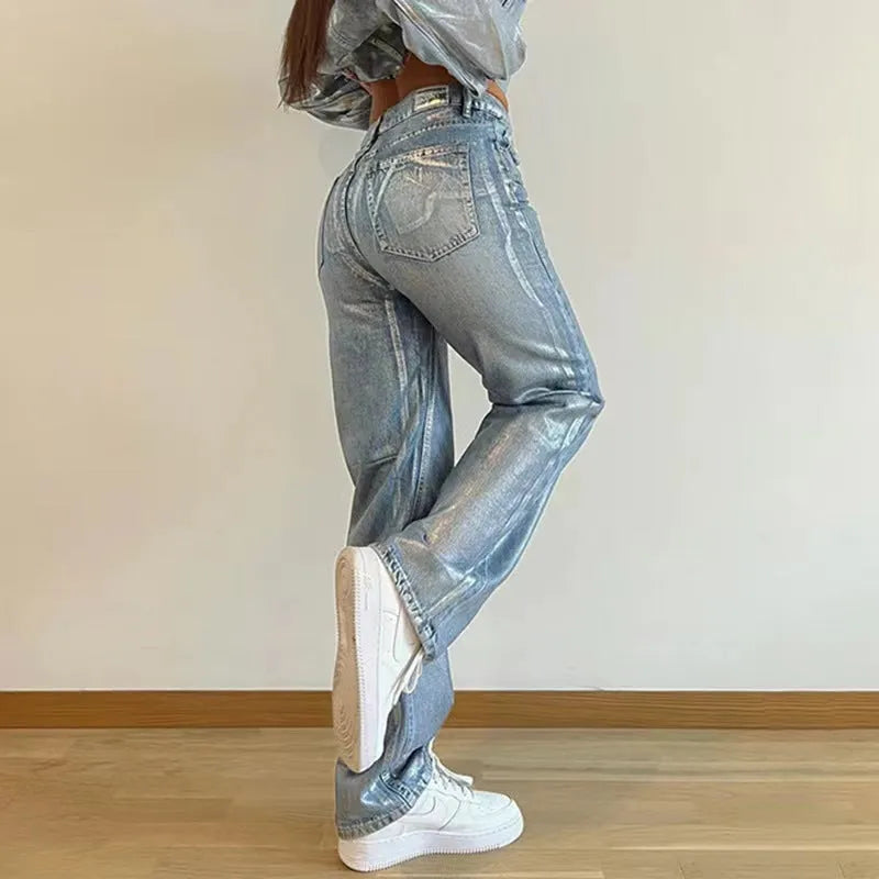 High-waist straight leg denim jeans in blue with street hipster styling and contrast colour details