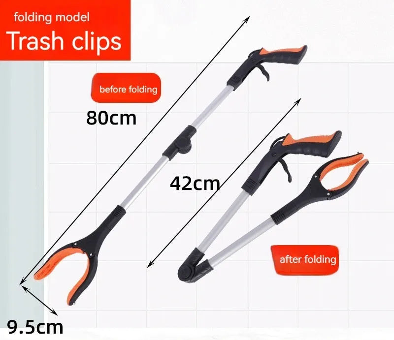 Silver folding rubbish grabber with blue handle extended to 80cm, showing magnet end.
