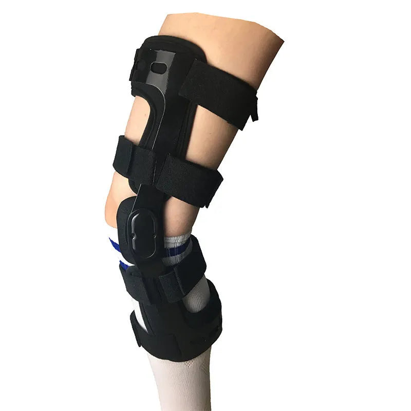 Black anterior ligament knee supporter with iron side stabilisers and sponge padding