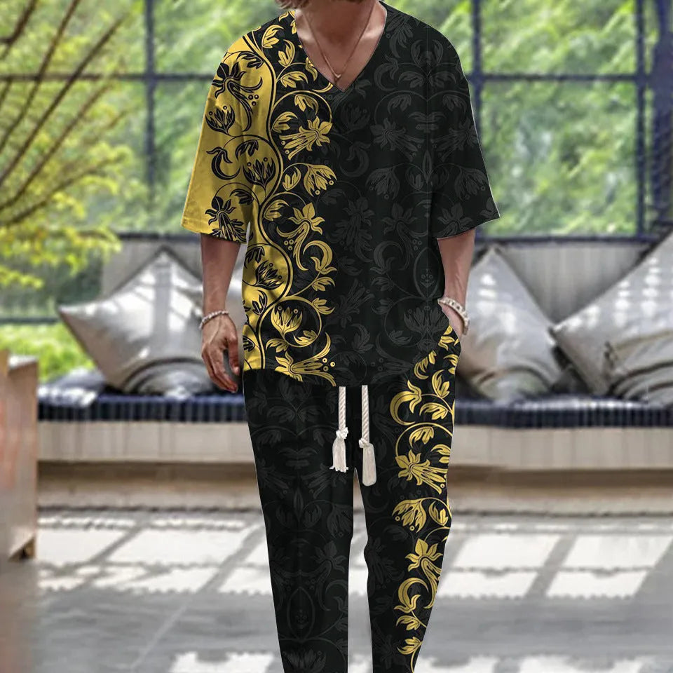 Thin polyester fibre co-ordinated suit with V-neck top, cropped sleeves, and matching trousers on a hanger.