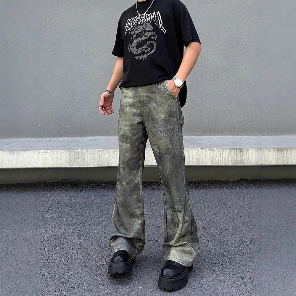 Men's straight leg jeans with digital camouflage pattern in denim fabric