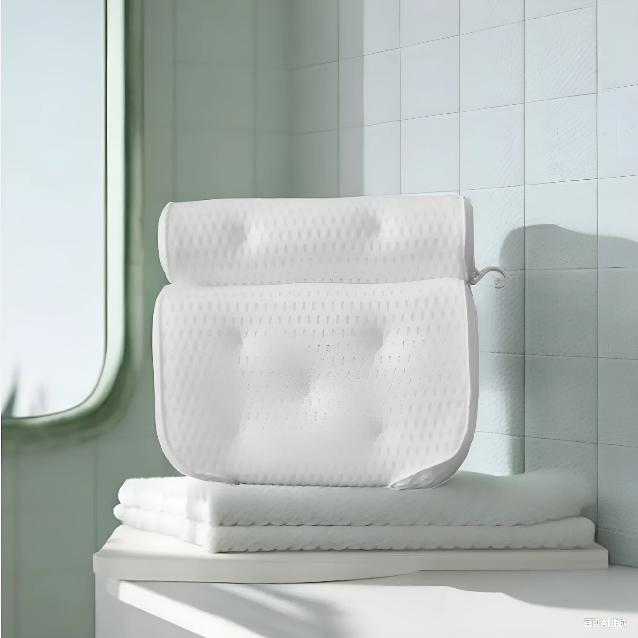 White 3D bathtub pillow with mesh fabric and suction cups on a bathtub edge.