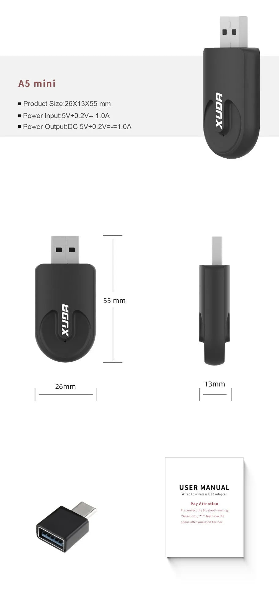 Small black Carplay USB wireless data adapter dongle on a car dashboard