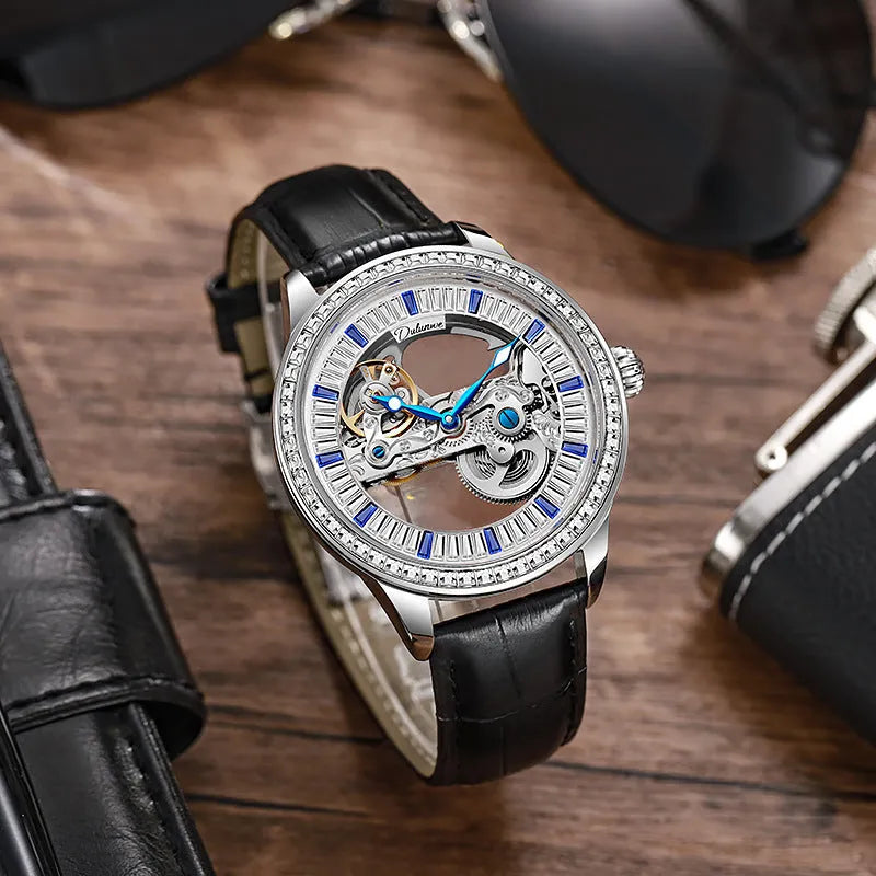 Luxury zircon mechanical men's watch with waterproof case and choice of straps
