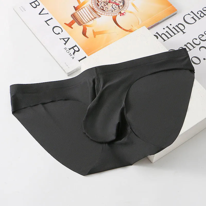 Men's black ice silk seamless briefs with a defined bullet pouch contour.
