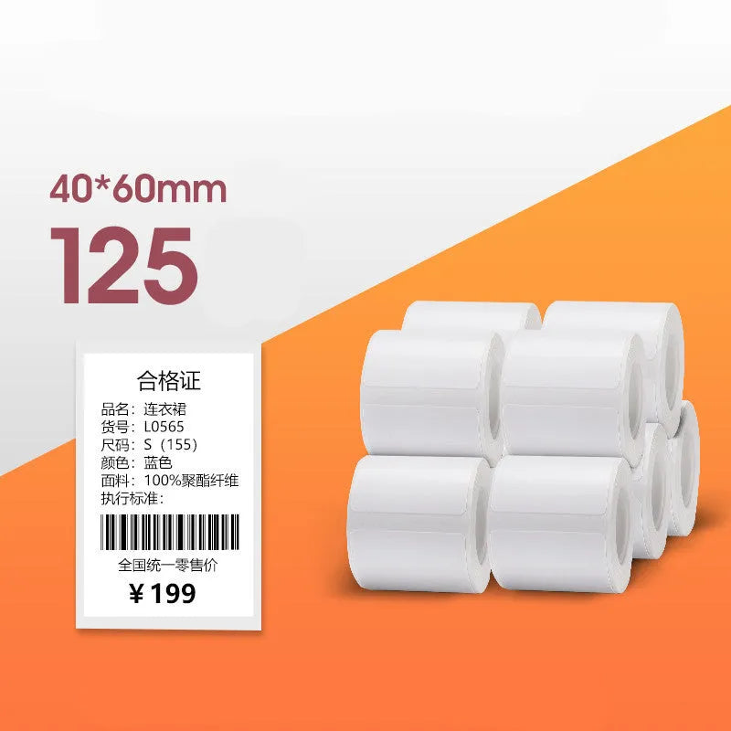 Thermal barcode paper labels with protective film on a roll, multiple size options from 30mm to 80mm, direct thermal printing.