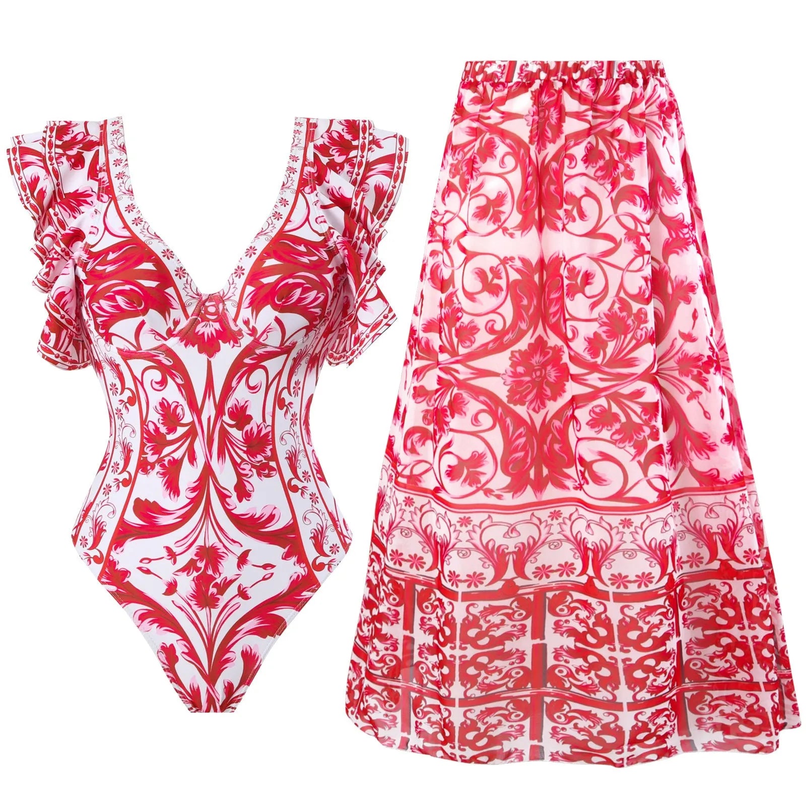 Adult woman modelling a printed one-piece swimsuit with a skirt detail in a blue colour.