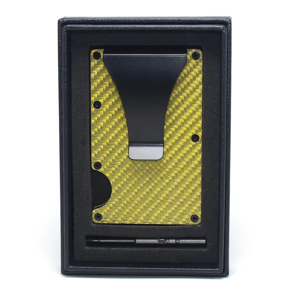 Geometric carbon fibre and aluminium slim card holder wallet in multiple colour options on a table.