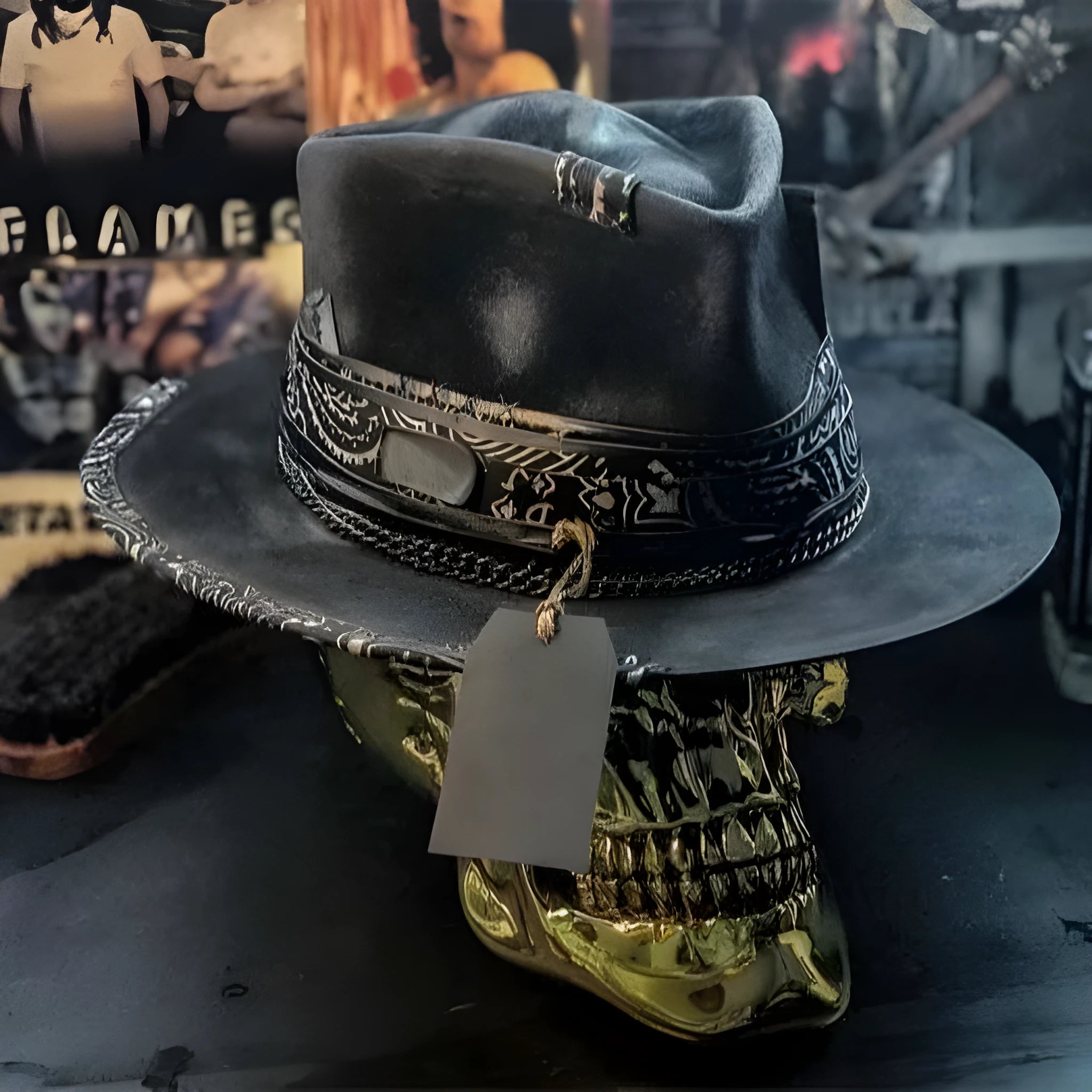 Handmade black skull hat with conical crown, made from wool and denim fabric, on a neutral background.