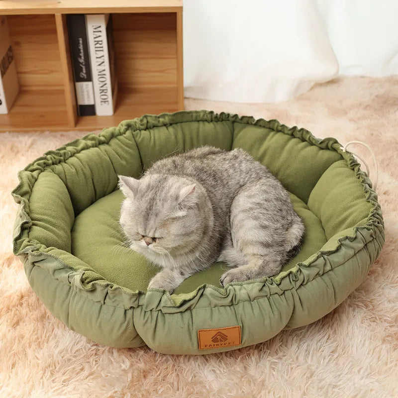 Grey and green reversible donut pet bed for cats and small dogs in three sizes