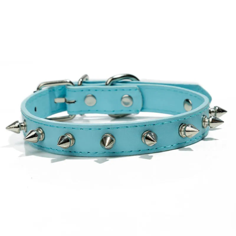 Colourful studded dog collar with metal spikes on thickened PU leather, showing alloy metal fastener and six colour options