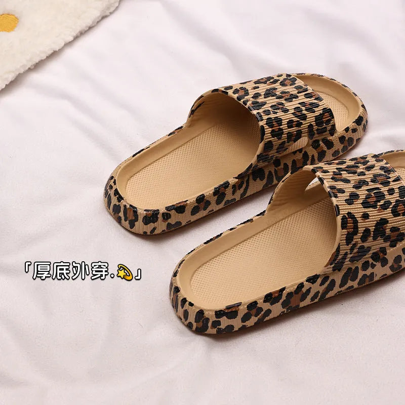 Leopard print slippers with thick EVA sole in black, pink, khaki, and white zebra patterns for women's indoor outdoor summer wear