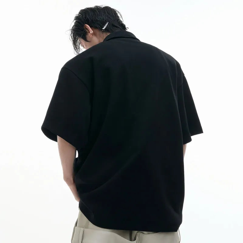 Men's deconstructed multi-collar polo shirt with geometric pattern in loose-fit design