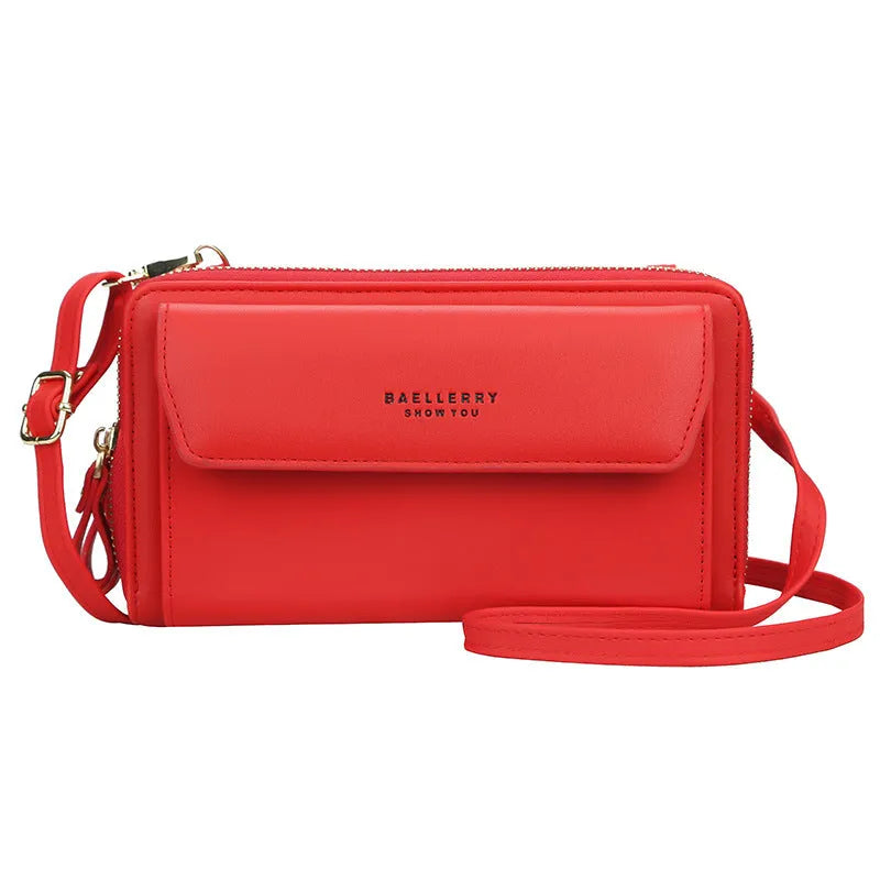 Ladies long wallet messenger bag in soft PU leather with double zipper and cross-body strap