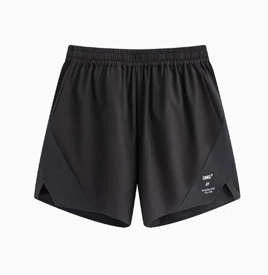 Men's black running shorts with laser stitching on a grey background, showing stretch fabric.