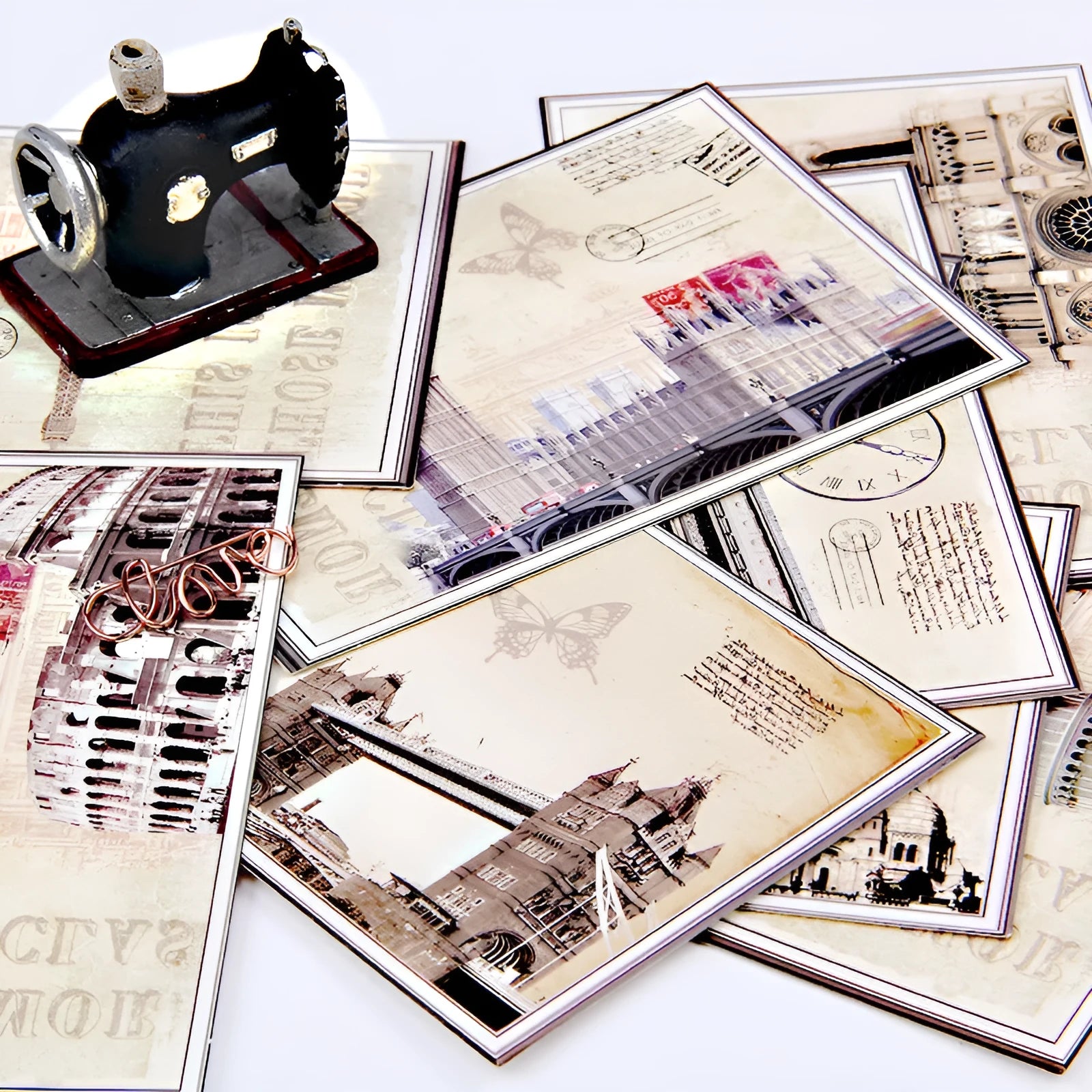 Set of nine minimalist cartoon-style postcards illustrating retro Paris towers and historic sites.