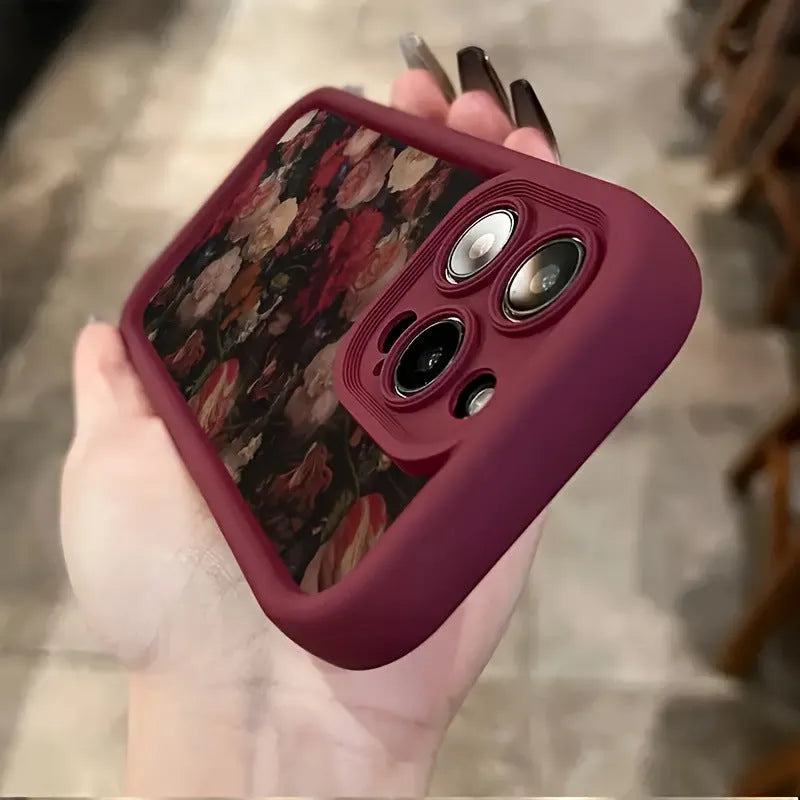 Rose bamboo ladder pattern TPU phone case in wine red for iPhone, showing full-screen edge and frosted back.