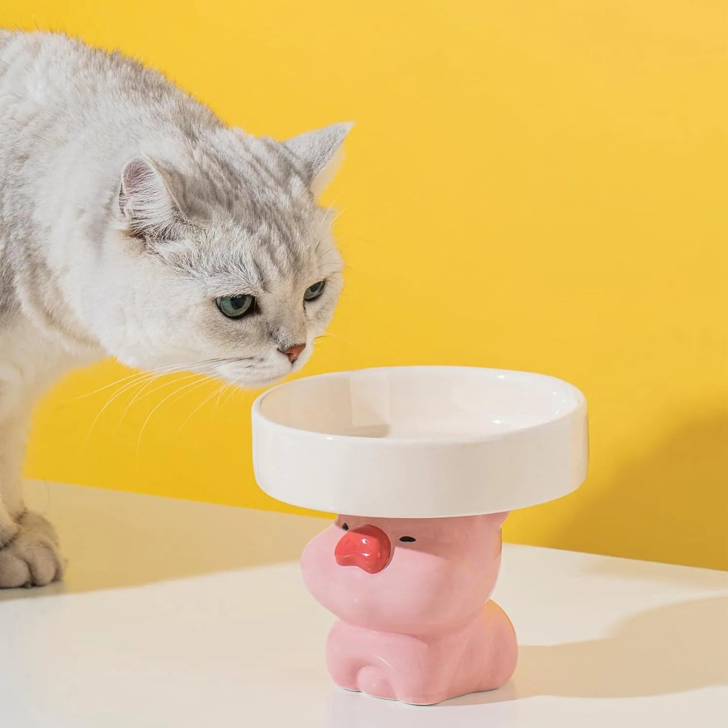 Ceramic raised cat bowl in animal theme design on a floor