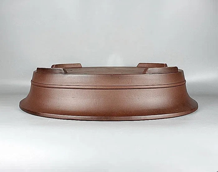 Handmade antique oval bonsai pot in Yixing purple mud, outer dimensions 66cm by 53cm, with a large planting area for pine and cypress