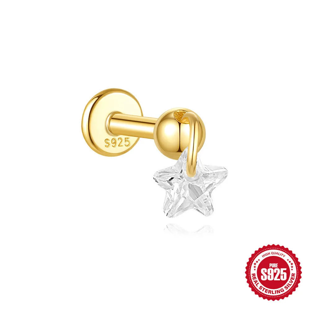 S925 sterling silver geometric star-shaped earrings with an embedded moon diamond, shown in a gold colour finish.