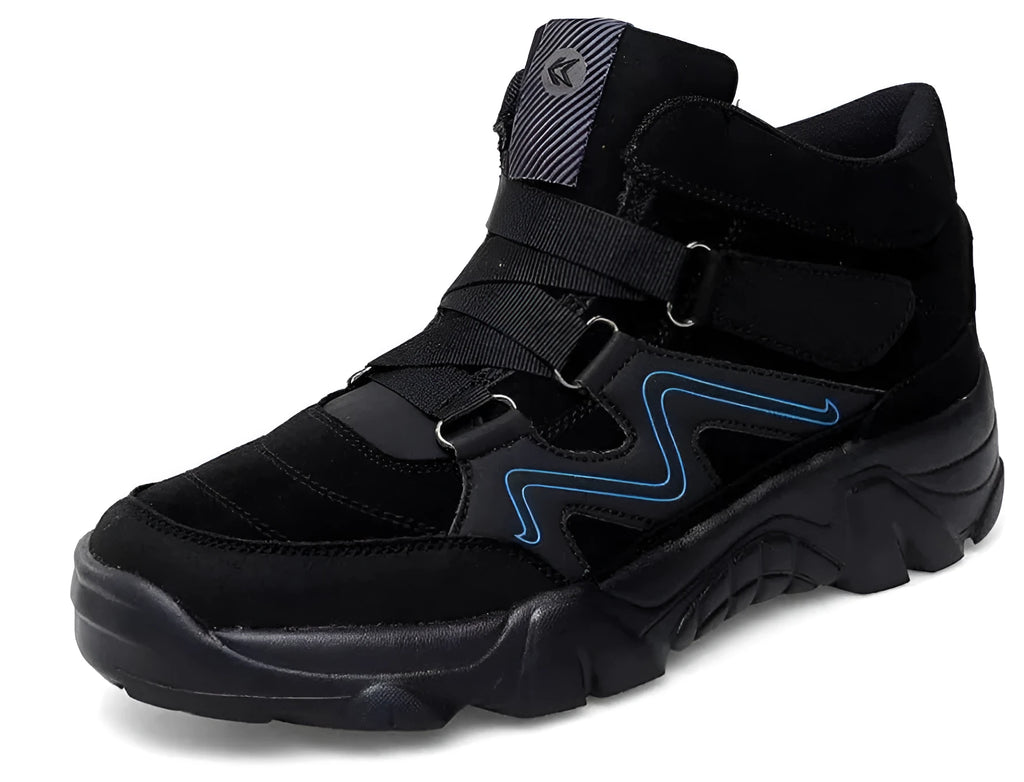 Men's black leather lace-up walking shoes with thick rubber soles