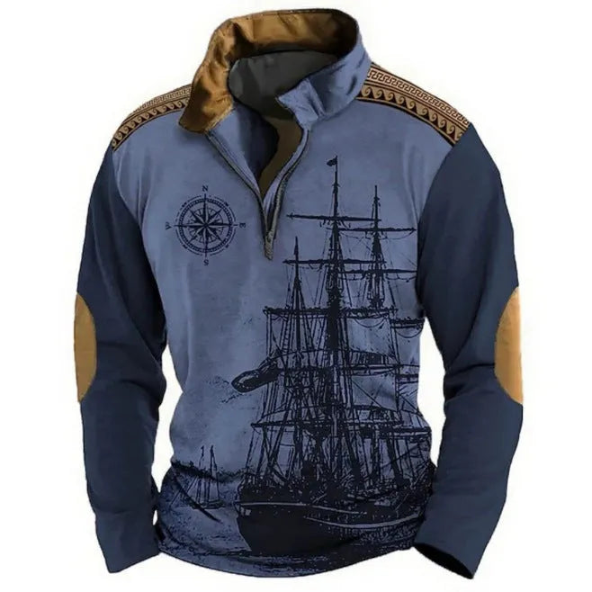 Men's long sleeve t-shirt with retro colour printing and striped zipper decoration on polyester bird eye cloth